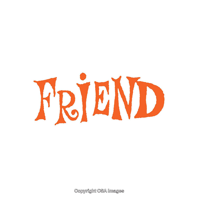 Playful Orange Decorative Typography of the Word Friend on White Background