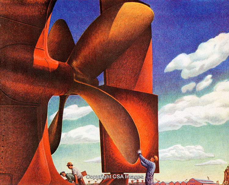 Industrial Workers Inspecting Large Ship Propeller Under Clear Blue Sky