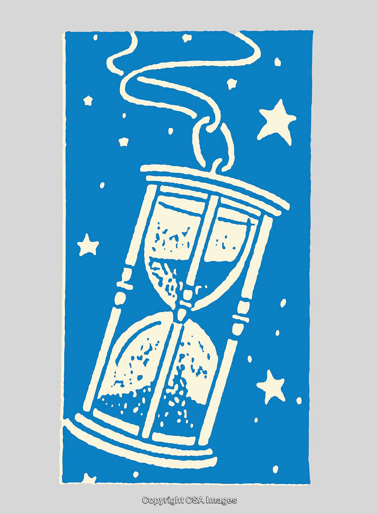 Surreal Hourglass Illustration with Stars in Dreamlike Colorful Line Art