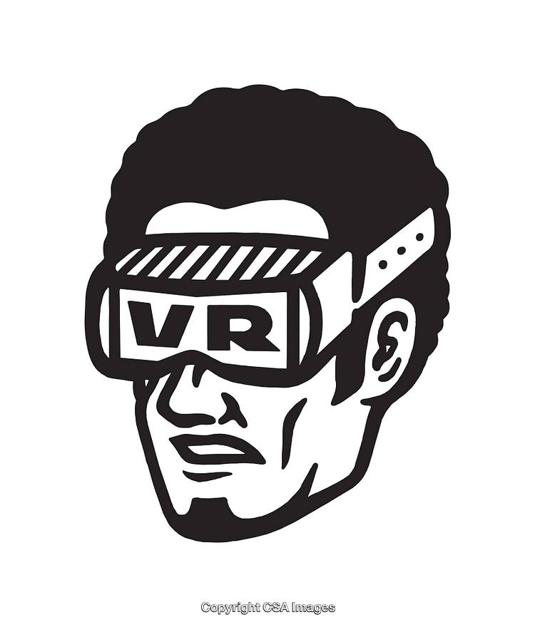 Black and White Illustration of a Person Wearing VR Goggles