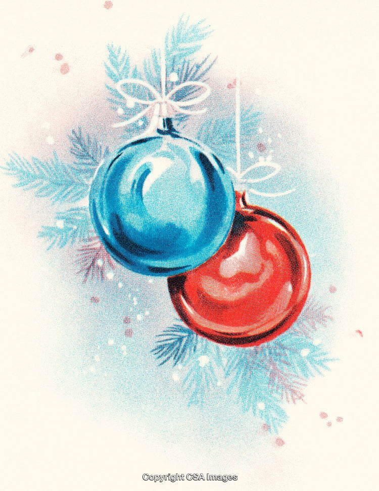 Festive Decoration with Blue and Red Holiday Ornaments on Green Branches