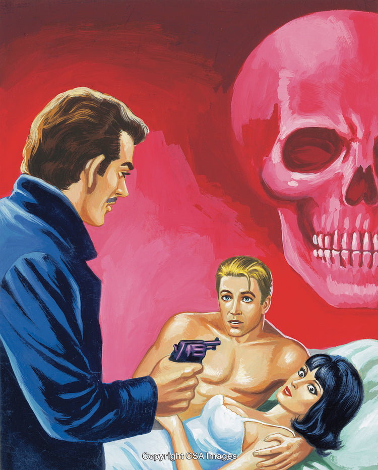 Dramatic Scene Depicting Conflict With a Skull Symbol in the Background