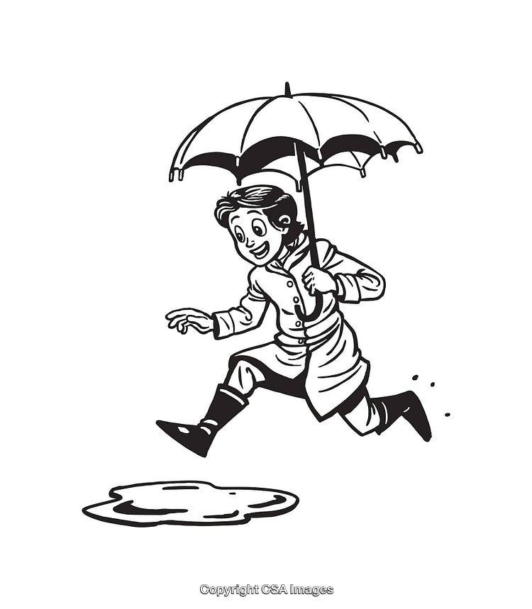 Black and White Illustration of a Character Jumping Over a Puddle