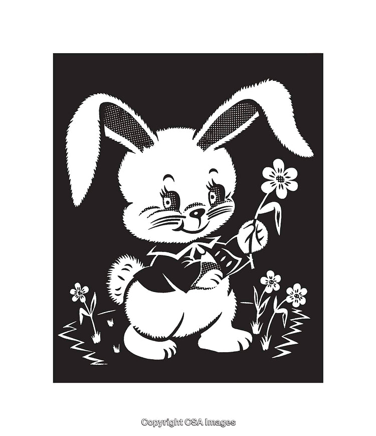 Adorable Black and White Bunny Illustration with Flower
