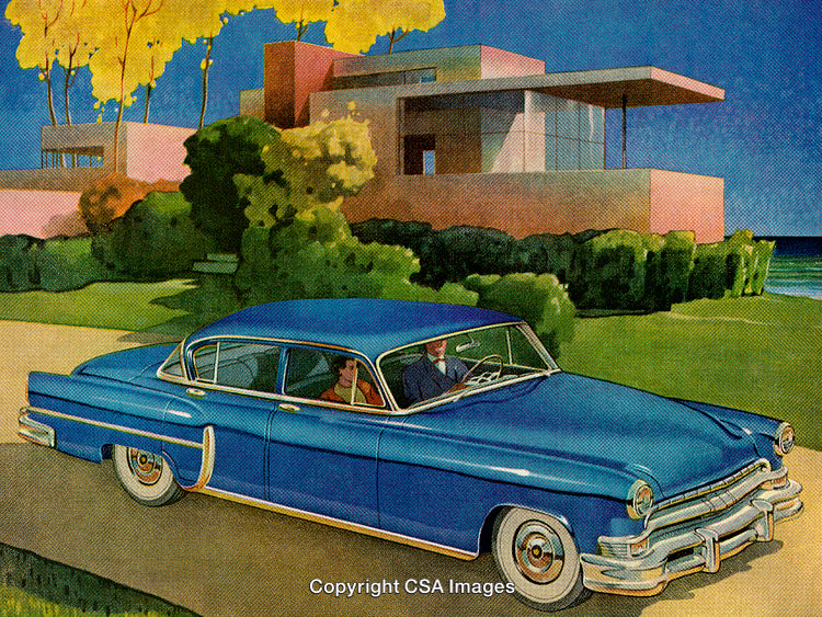 Vintage Blue Car in Front of Modern House by the Beach
