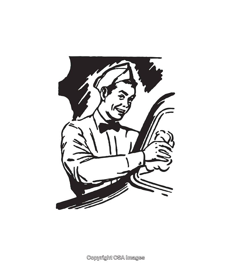 Retro Style Black and White Illustration of a Smiling Worker Cleaning Car