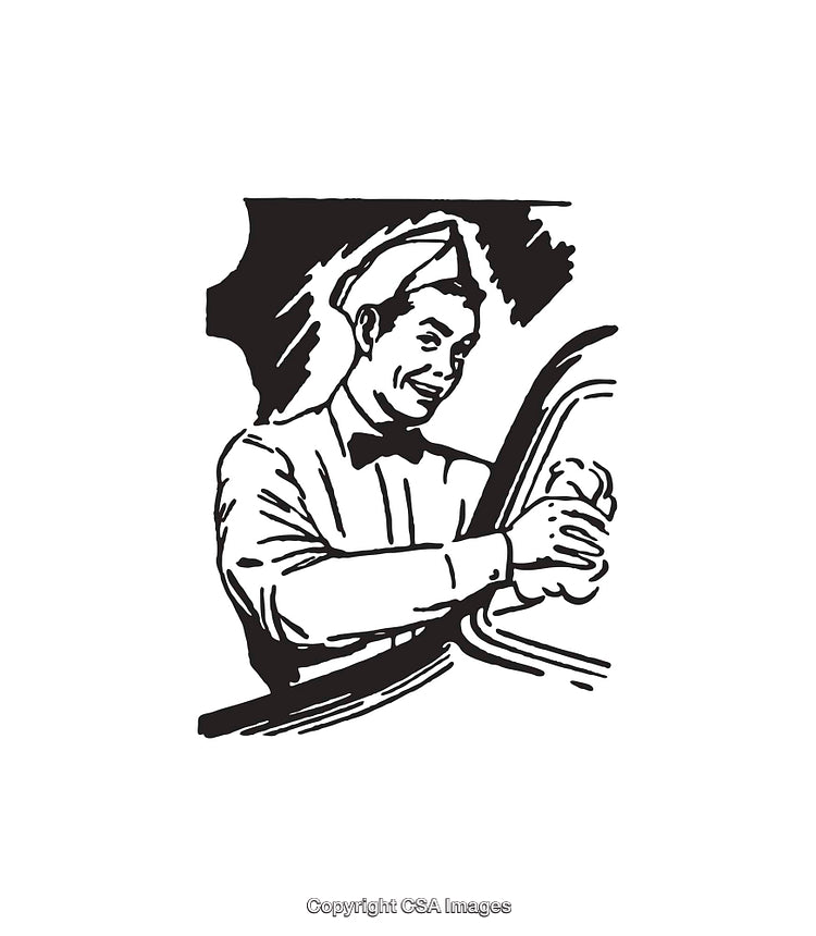 Retro Style Black and White Illustration of a Smiling Worker Cleaning Car