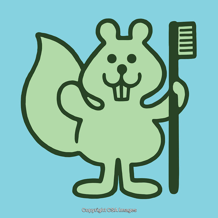 Cute Squirrel Holding Toothbrush In Bright Green Outline On Blue Background