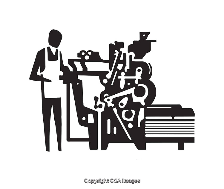 Illustration of Man Operating Printing Press in Black and White Line Art Style