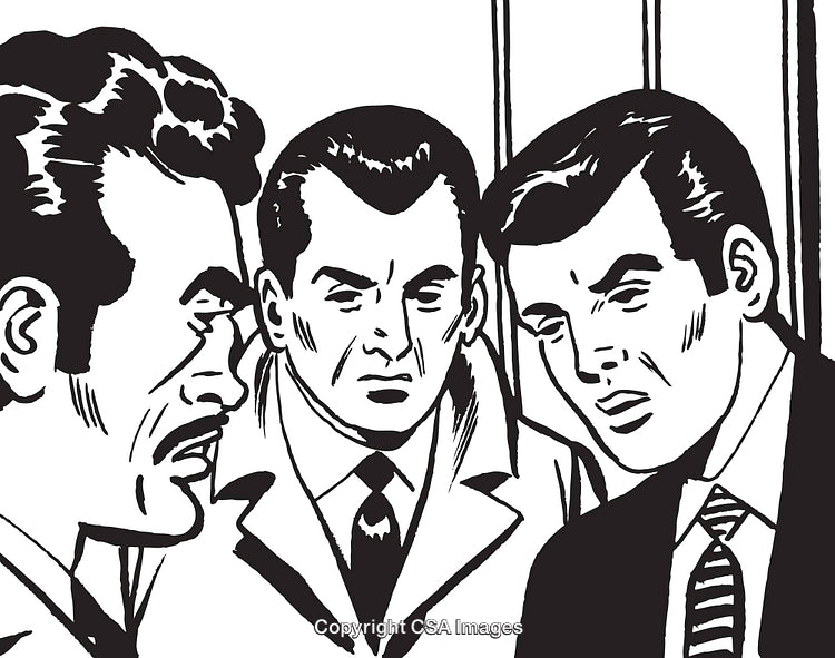 Illustration of Three Men in Conversation, Retro Comic Style Artwork