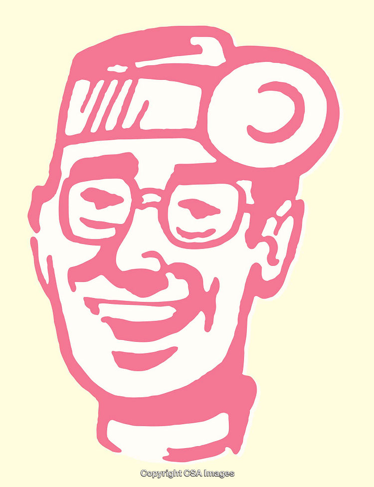 Retro Line Art Illustration of a Smiling Man with Glasses and Headgear
