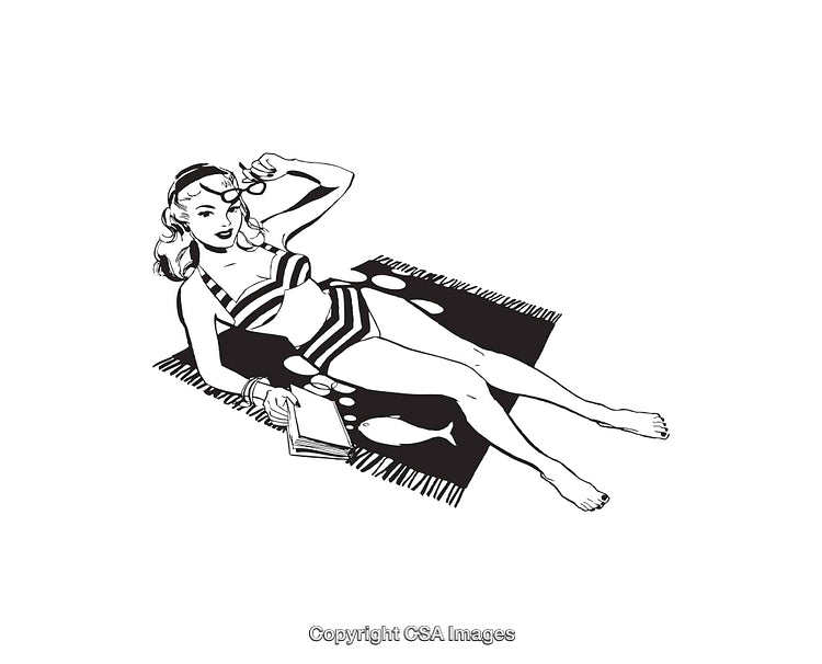 Vintage Style Illustration of a Woman Relaxing in Swimwear on a Beach Mat