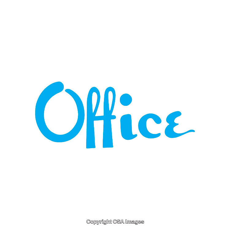 Blue Handwritten Office Text on White Background