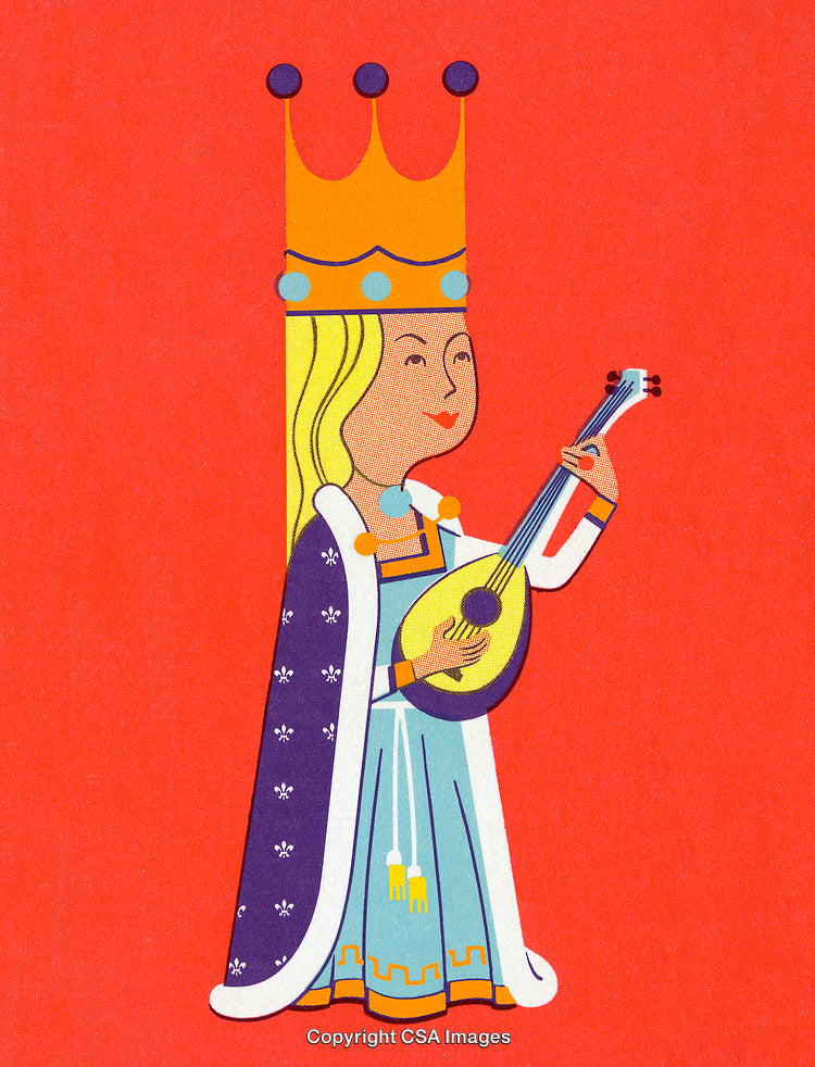 Illustration of a Crowned Queen Playing a Lute on a Vibrant Red Background