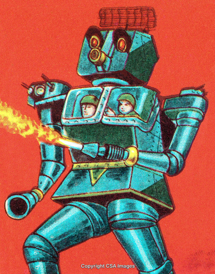 Retro Futuristic Robot in Action with Soldiers Inside on a Vibrant Background
