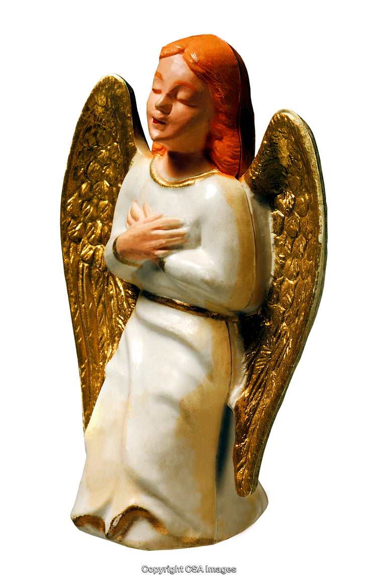 Golden Winged Angel Figurine with Praying Pose and Serene Expression