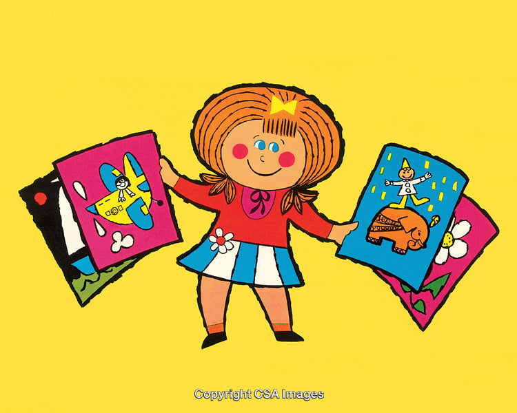 Cheerful Cartoon Girl Displaying Colorful Art Drawings on Bright Yellow Background