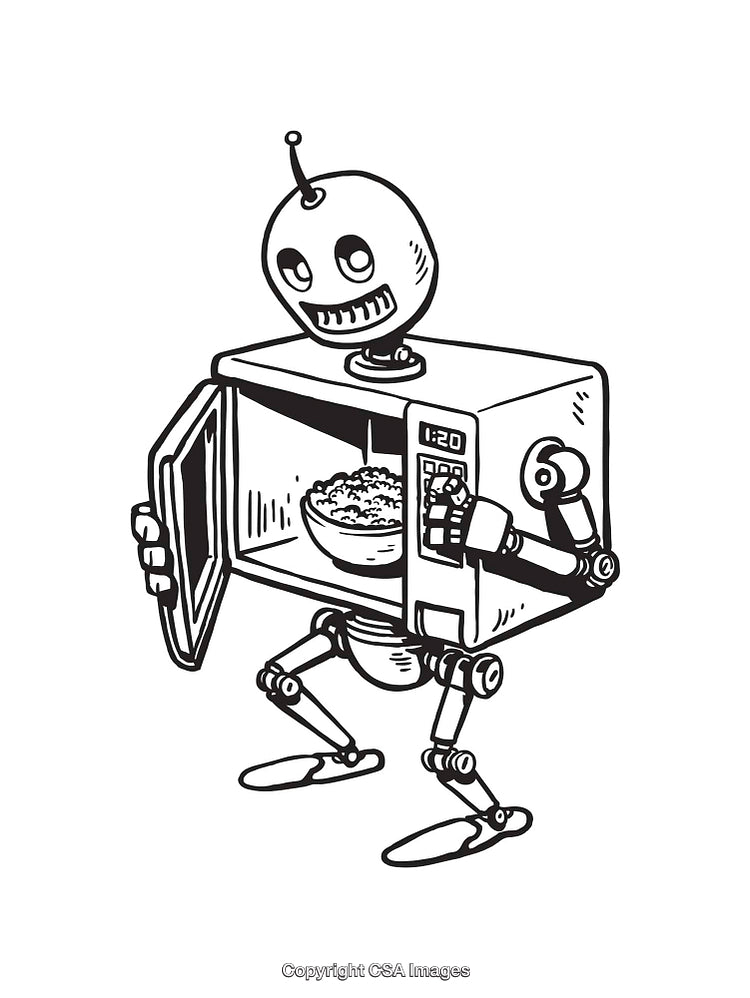 Whimsical Line Art of a Robot Combined with a Microwave