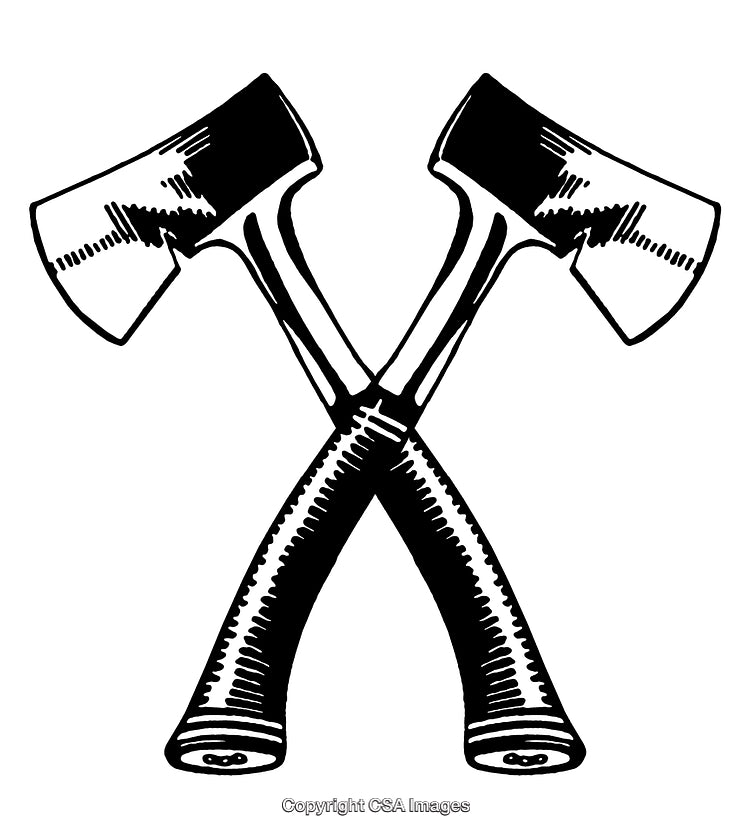 Detailed Black and White Illustration of Crossed Axes in Engraving Style