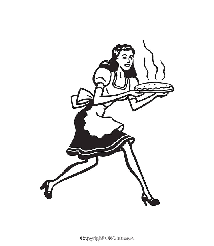 Black and White Line Art of a Woman Joyfully Carrying Freshly Baked Pie