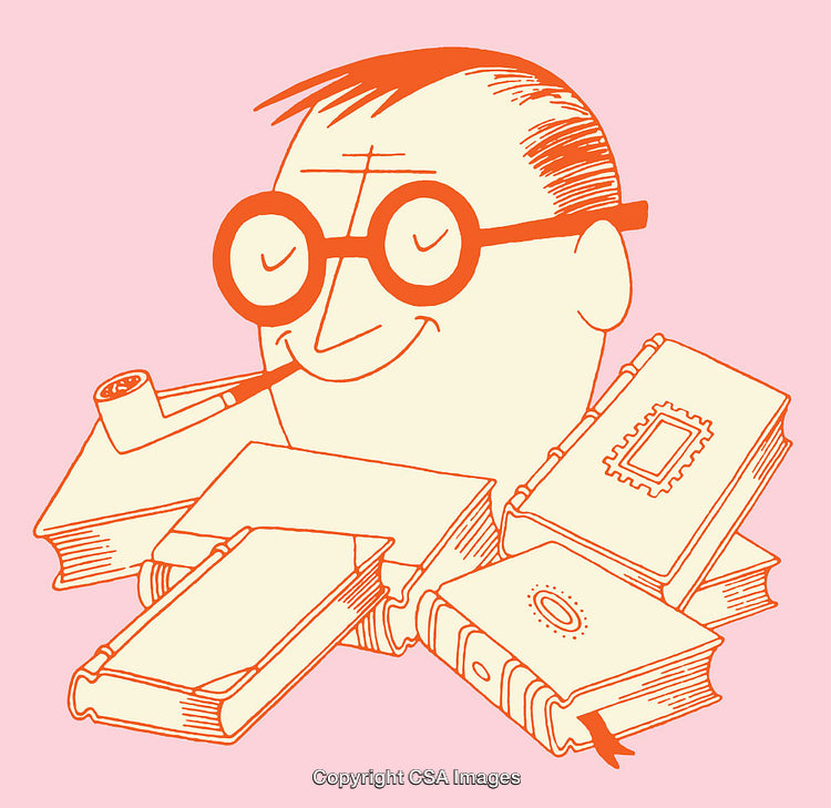 Quirky Line Art of Book Lover with Pipe and Stack of Books