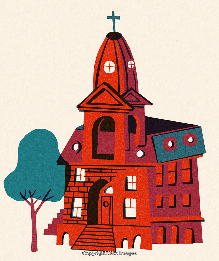 Illustrated Red Church With Steeple and Surrounding Green Landscape