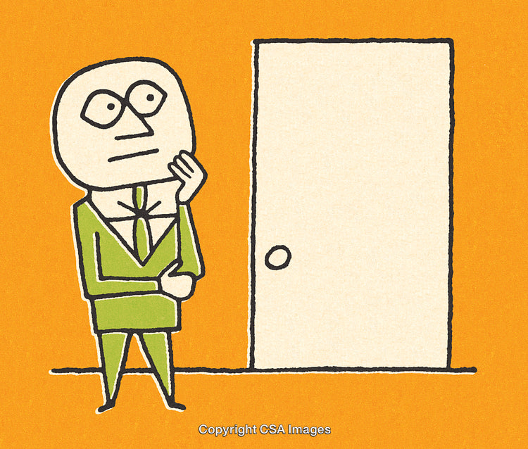 Illustration of Contemplative Character Standing Before a Closed Door
