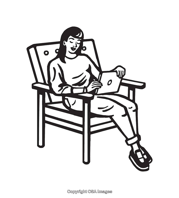 Black and White Illustration of a Woman Relaxing with Laptop in Chair