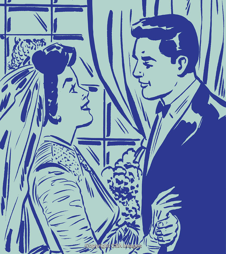 Retro Styled Blue Wedding Illustration Featuring Bride and Groom in Love