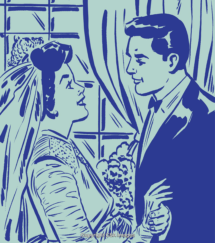 Retro Styled Blue Wedding Illustration Featuring Bride and Groom in Love