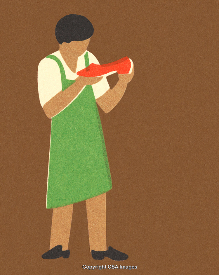 Illustration of a Person Inspecting a Shoe in a Green Apron