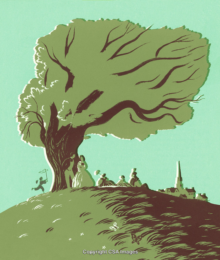 Vintage Illustration of People Relaxing Under a Large Tree on a Hill