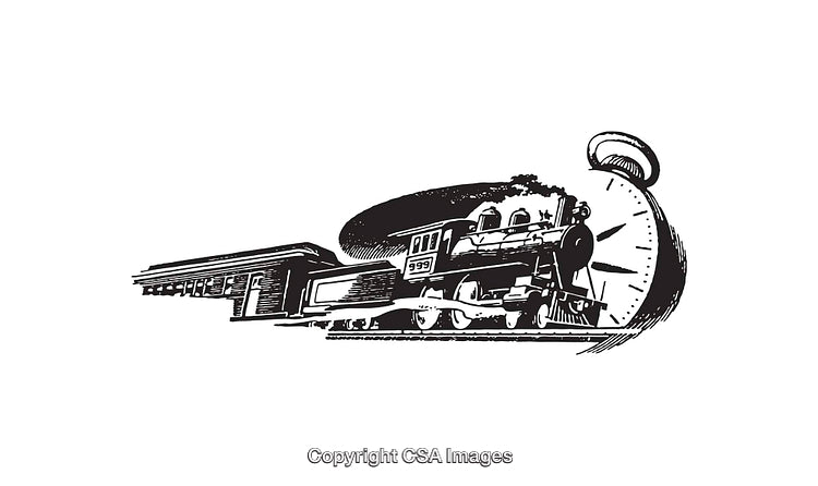 Vintage Train and Clock Illustration Depicting Travel and Time in Black and White