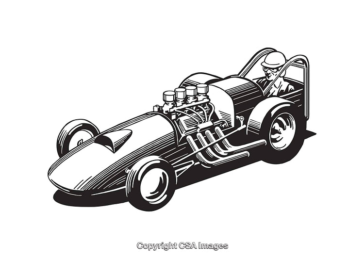 Retro Dragster Racing Car in Black and White Line Art Illustration
