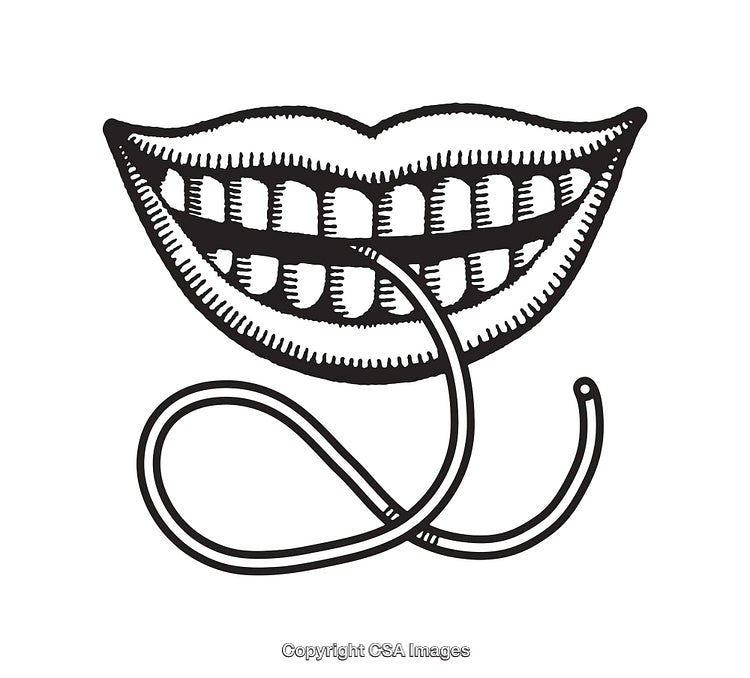 Black and White Line Art Illustration of Smiling Lips with Creative Line Design