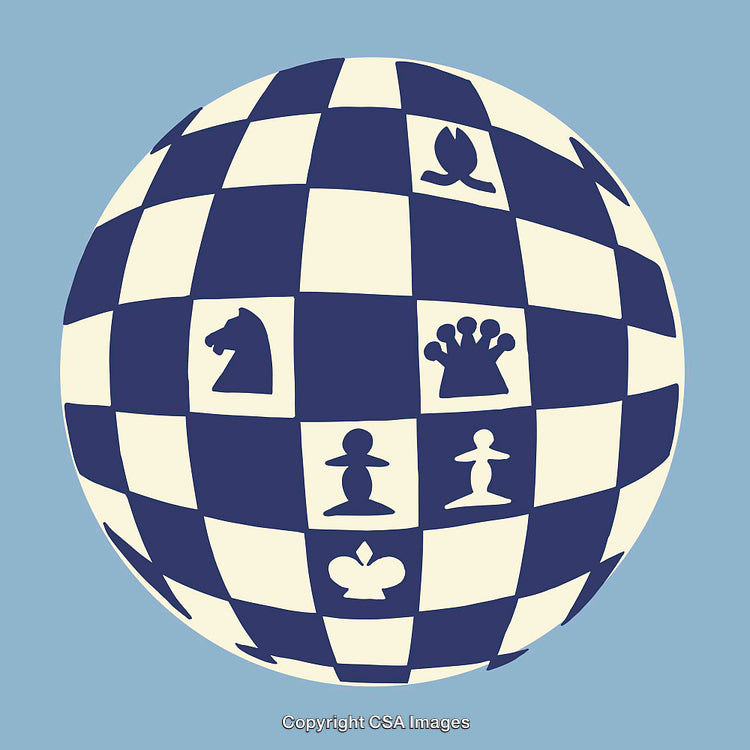 Abstract Chess Globe Featuring Pieces in a Colorful Checkerboard Style