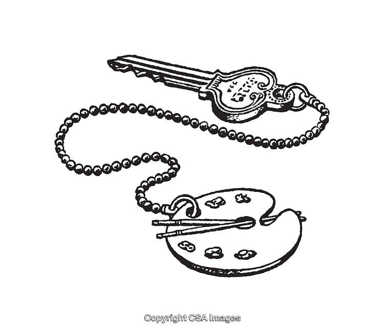 Vintage Style Black-and-White Key Illustration with Palette and Chain