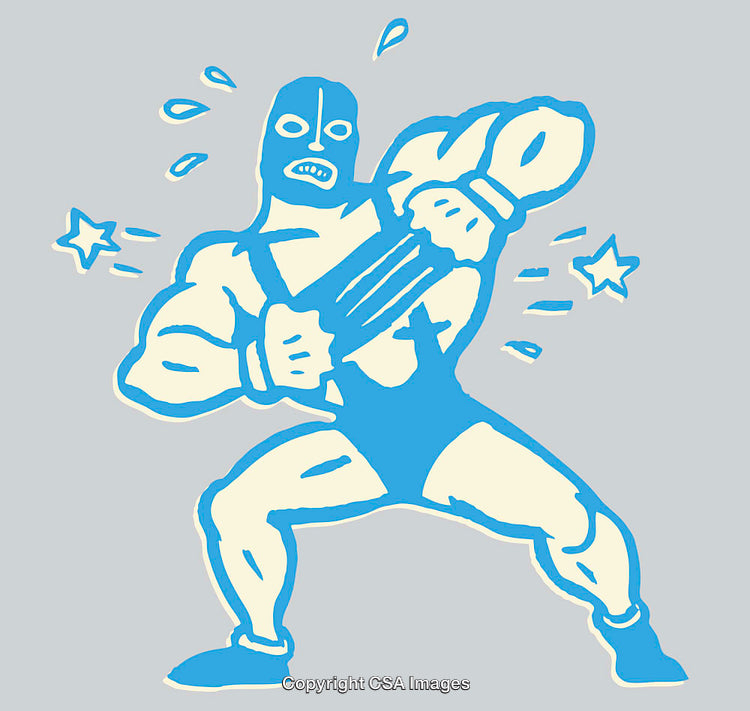 Funny Illustration of a Muscular Wrestler in Blue and Beige Style