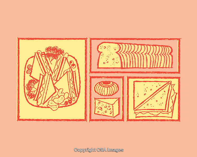 Color Line Art Depicting Sandwiches, Bread, and Cheese Illustrations