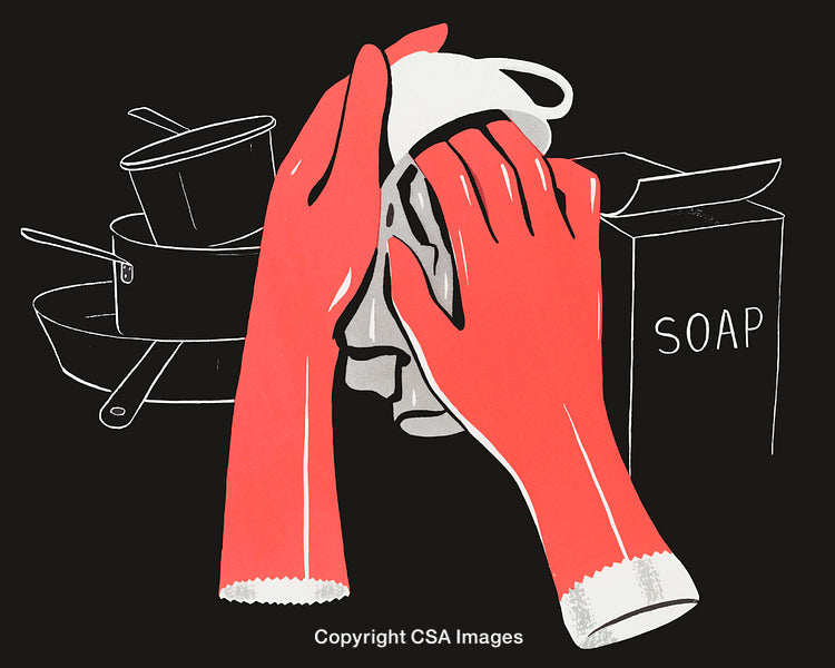 Illustration of Dishwashing with Red Gloved Hands and Soap on Dark Background