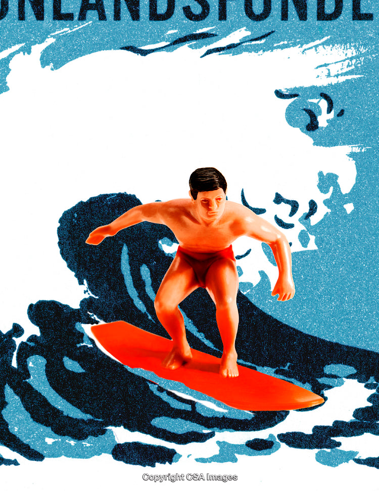 Surfer Figurine Riding Waves in a Dynamic Artistic Composition