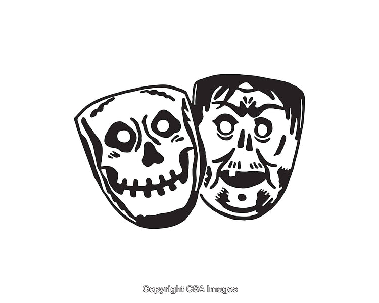Black and White Line Art of Two Theatrical Mask Drawings