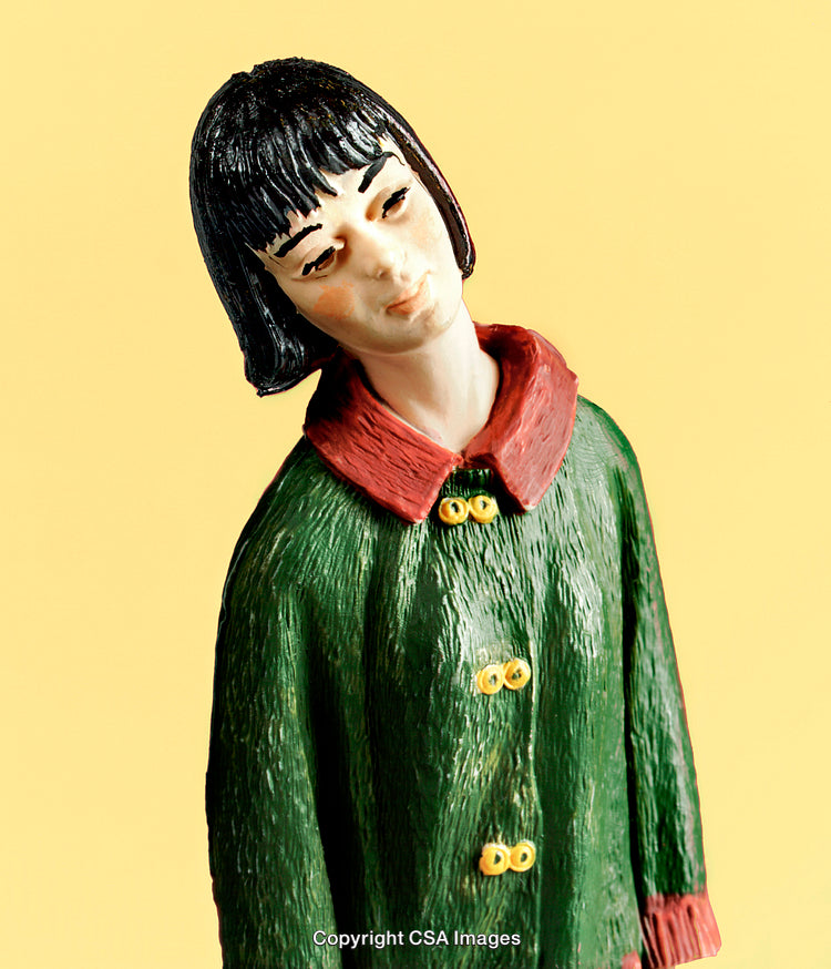 Vintage Style Figurine of Thoughtful Girl in Green Coat and Red Collar