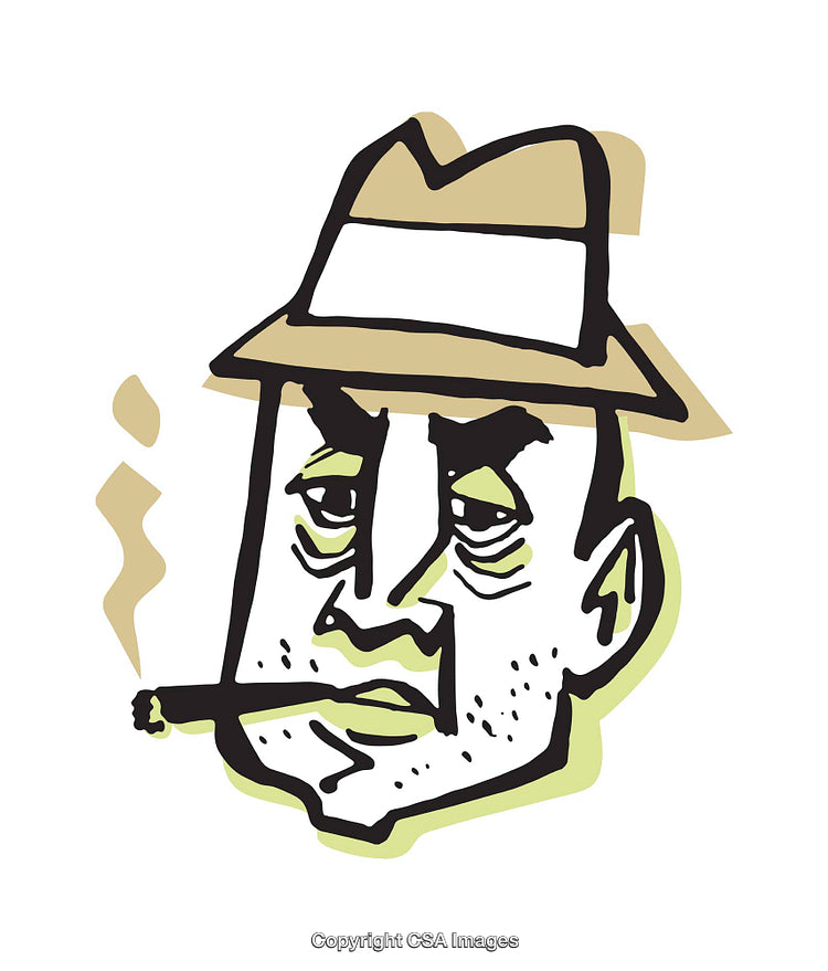 Expressive Cartoon Illustration of a Smoking Man in a Fedora Hat