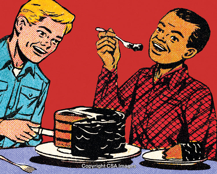 Colorful Comic Style Illustration with Friends Enjoying Chocolate Cake