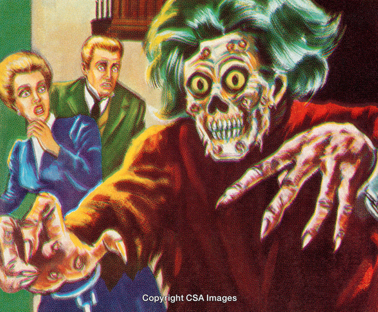 Retro Frightening Illustration Depicting Startled Couple and Ghoulish Creature