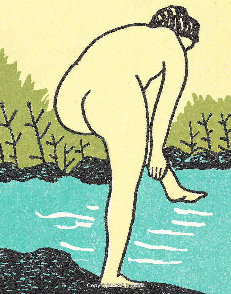 Illustration of Figure by a Pond Surrounded by Trees in Pastel Tones
