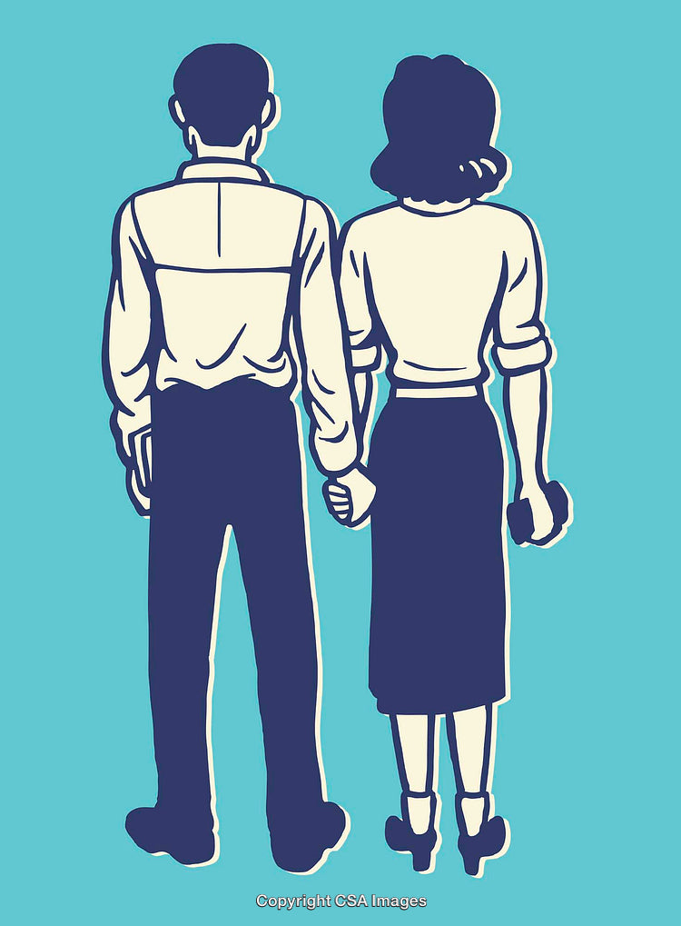 Retro Styled Illustration of a Couple Holding Hands from Behind