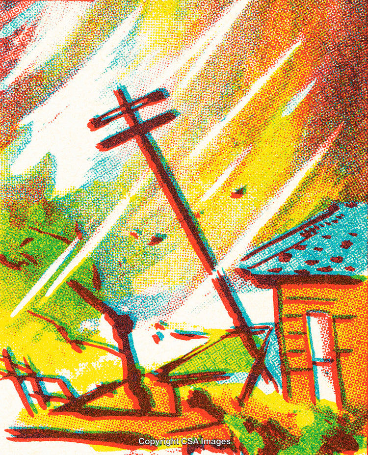 Vivid Artistic Depiction of a Storm Damaging a Roof and Powerlines