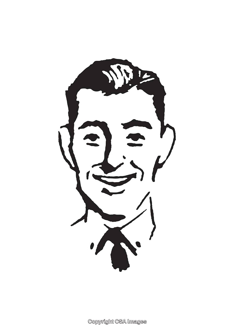 Retro-Style Black and White Illustration of Smiling Man in Business Attire